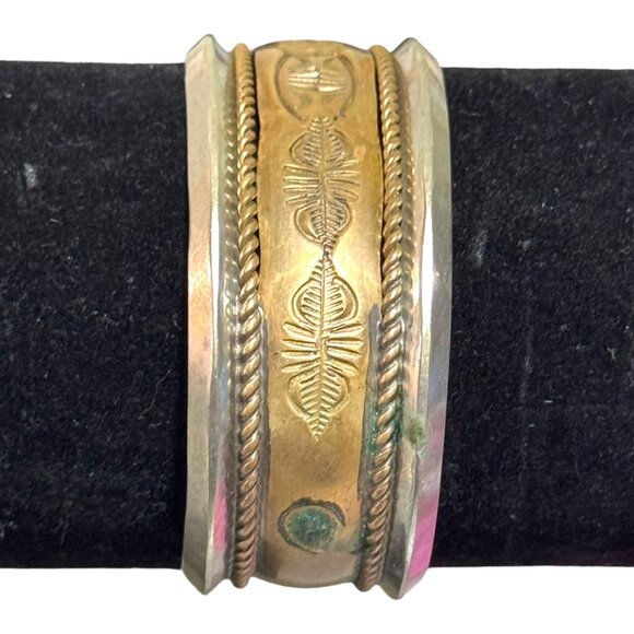 Vintage Two Tone Sterling Silver & Gold Tone Etched Southwest Cuff Bracelet - Picture 2 of 11